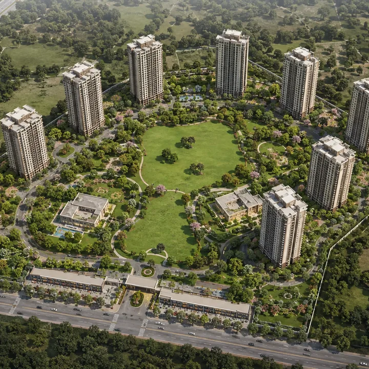 Mahindra Navrat Sadahalli aerial view - ten towers on 17.21 acres at Navarathna Agrahara, with the landscaped majority of the site read from above Mahindra Navrat Sadahalli aerial view - ten towers on 17.21 acres at Navarathna Agrahara, with the landscaped majority of the site read from above