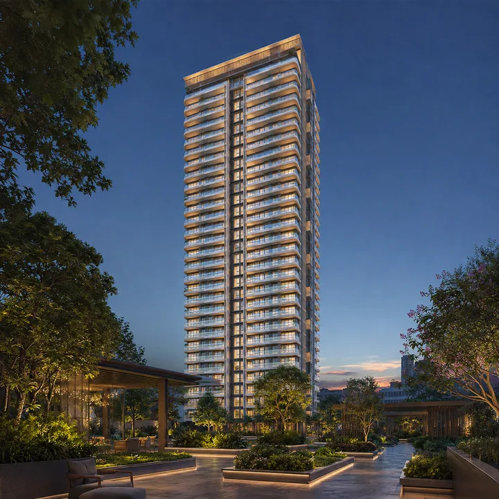 Mahindra Navrat Sadahalli tower elevation - a 2 Basement plus Ground plus 22 Upper Floors high-rise at dusk, seen from the landscaped podium level Mahindra Navrat Sadahalli tower elevation - a 2 Basement plus Ground plus 22 Upper Floors high-rise at dusk, seen from the landscaped podium level